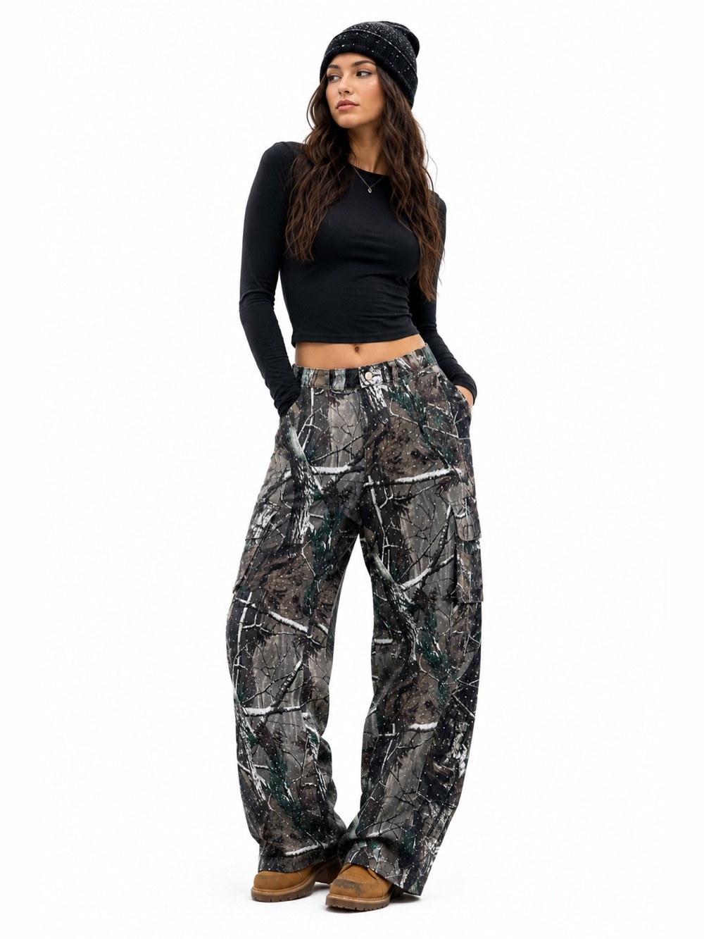 VBRT Rhinestone Camo Barrel Jeans Womens 7 W27 Baggy Cargo Y2K NWT XPT506